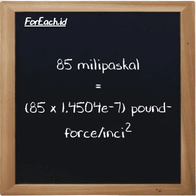 Cara konversi milipaskal ke pound-force/inci<sup>2</sup> (mPa ke lbf/in<sup>2</sup>): 85 milipaskal (mPa) setara dengan 85 dikalikan dengan 1.4504e-7 pound-force/inci<sup>2</sup> (lbf/in<sup>2</sup>)